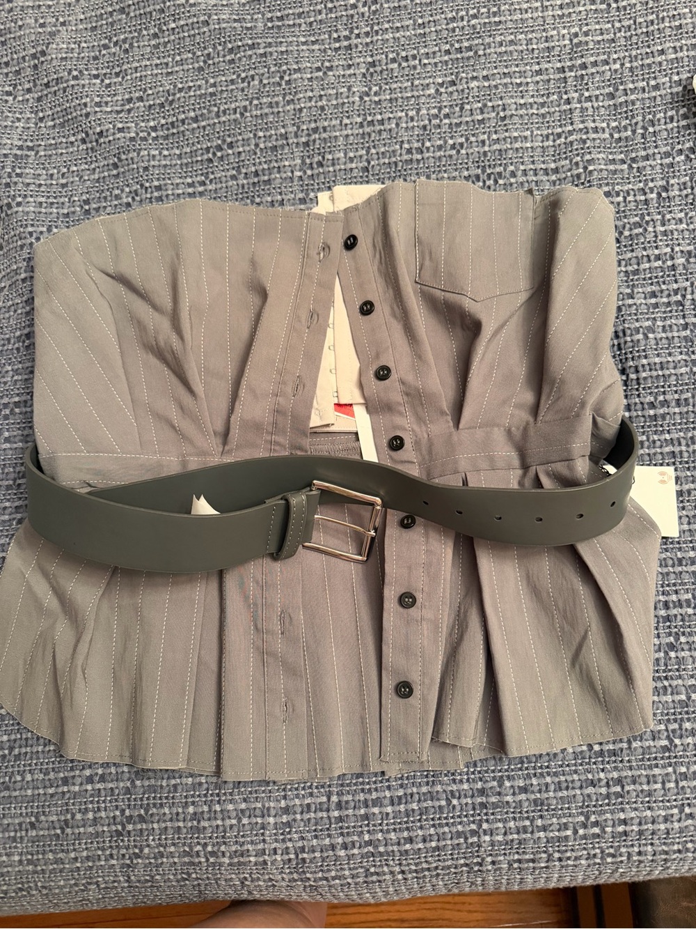 Zara Grey and Black Pinstripe Corset Top with Belt - Picture 9 of 10